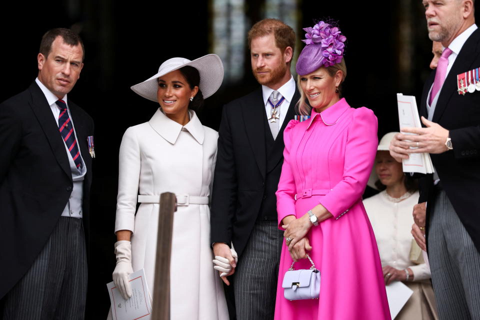 LONDON, ENGLAND - JUNE 03: (L-R) Peter Phillips, Meghan, Duchess of Sussex, Prince Harry, Duke of Sussex, Zara Tindall and her husband Mike Tindall depart after the National Service of Thanksgiving to Celebrate the Platinum Jubilee of Her Majesty The Queen at St Paul's Cathedral on June 3, 2022 in London, England. The Platinum Jubilee of Elizabeth II is being celebrated from June 2 to June 5, 2022, in the UK and Commonwealth to mark the 70th anniversary of the accession of Queen Elizabeth II on 6 February 1952. (Photo by Victoria Jones - WPA Pool/Getty Images)