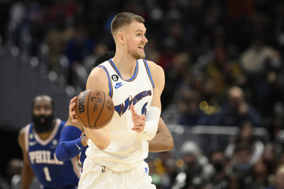 Washington Wizards center Kristaps Porzingis (6) in action during the second half of an NBA basketball game against the Philadelphia 76ers, Tuesday, Dec. 27, 2022, in Washington. The Wizards won 116-111. (AP Photo/Nick Wass)