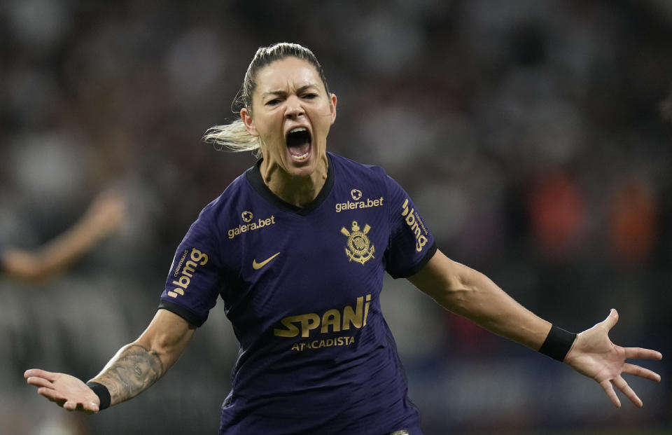 Corinthians' Gabi Zanotti celebrates after scoring against Sao Paulo during a Sao Paulo championship Women's soccer final match at Neo Quimica arena in Sao Paulo, Brazil, Wednesday, Dec. 8, 2021. (AP Photo/Andre Penner)