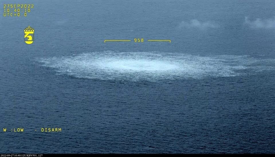 In this picture provided by Swedish Coast Guard, the gas leak in the Baltic Sea from Nord Stream photographed from the Coast Guard's aircraft on Wednesday, Sept. 27, 2022. A fourth leak on the Nord Stream pipelines has been reported off southern Sweden. Earlier, three leaks had been reported on the two underwater pipelines running from Russia to Germany. (Swedish Coast Guard via AP)