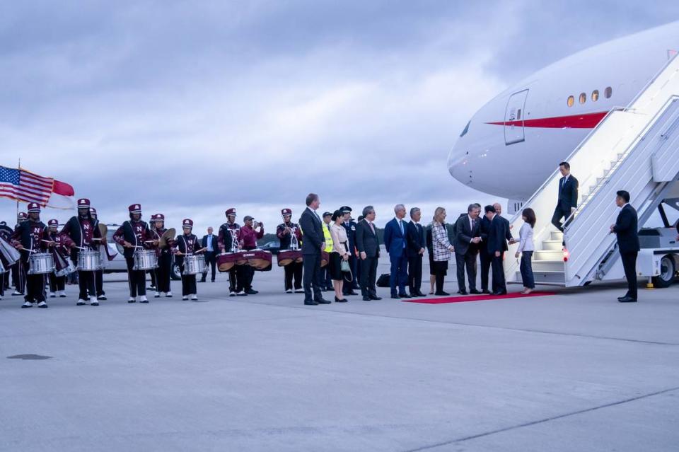 Japanese Prime Minister Fumio Kishida greets North Carolina Governor Roy Cooper at Raleigh-Durham International Airport on April 11, 2024.