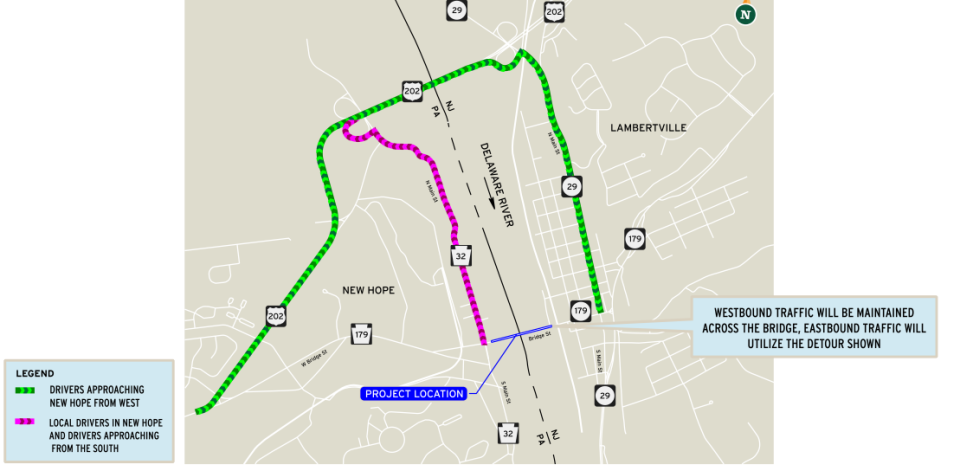 An image from the Delaware River Joint Toll Bridge Commission showing the eight-month detour route for the New Hope-Lambertville Toll-Supported Bridge that begins Monday.