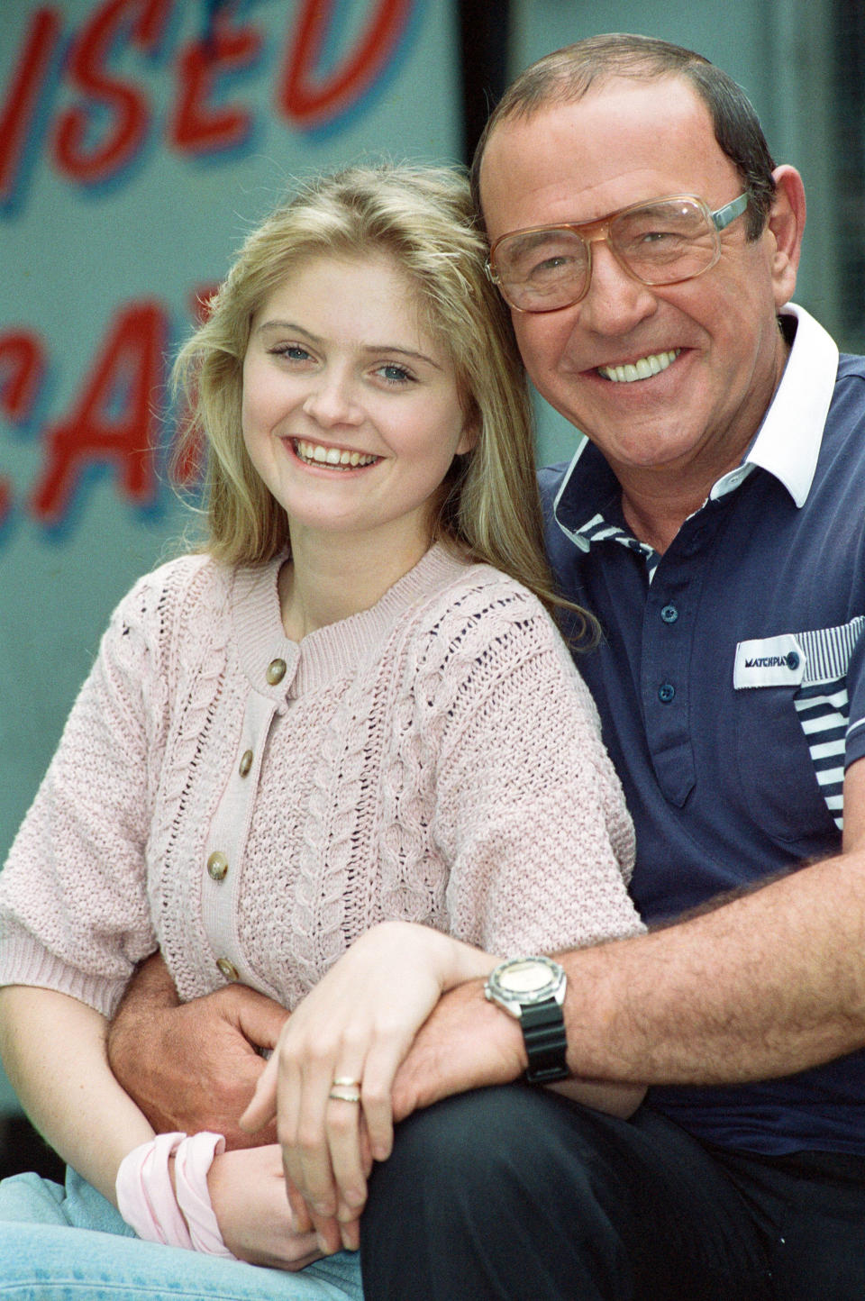 The cast of EastEnders on set. Daniella Westbrook as Sam Mitchell and Mike Reid as Frank Butcher, 28th June 1991. (Photo by Nigel Wright/Mirrorpix/Getty Images)