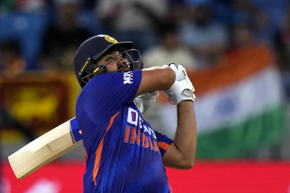 India's captain Rohit Sharma bats during the T20 cricket match of Asia Cup between Sri Lanka and India, in Dubai, United Arab Emirates, Tuesday, Sept. 6, 2022. (AP Photo/Anjum Naveed)