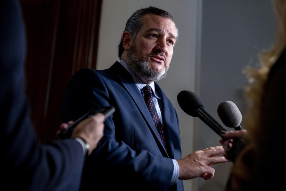 FILE Sen. Ted Cruz, R-Texas, speaks to reporters on Capitol Hill in Washington, Dec. 7, 2021. Cruz appeared on Fox News Channel’s Tucker Carlson show on Thursday, Jan. 6, 2022, to apologize for describing the Jan. 6 insurrection as “a violent terrorist attack on the Capitol” in an earlier statement marking the anniversary. He told Carlson: “The way I phrased things yesterday, it was sloppy and it was frankly dumb.” But despite insisting to Carlson that he had misspoken, Cruz has consistently used the “terrorism” terminology to refer to the attack over the past year. (AP Photo/Andrew Harnik, File)