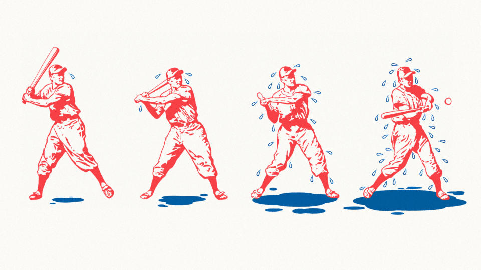  Illustration of a baseball player swinging the bat and becoming progressively sweatier. 