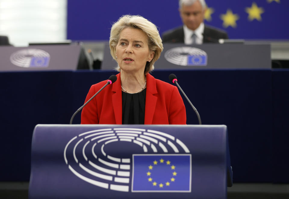 European Commission president Ursula von der Leyen delivers her speech Tuesday, Oct. 19, 2021 at the European Parliament in Strasbourg, eastern France. The European Union's top official locked horns Tuesday with Poland's prime minister Mateusz Morawiecki, arguing that a recent ruling from the country's constitutional court challenging the supremacy of EU laws is a threat to the bloc's foundations and won't be left unanswered. (Ronald Wittek, Pool Photo via AP)