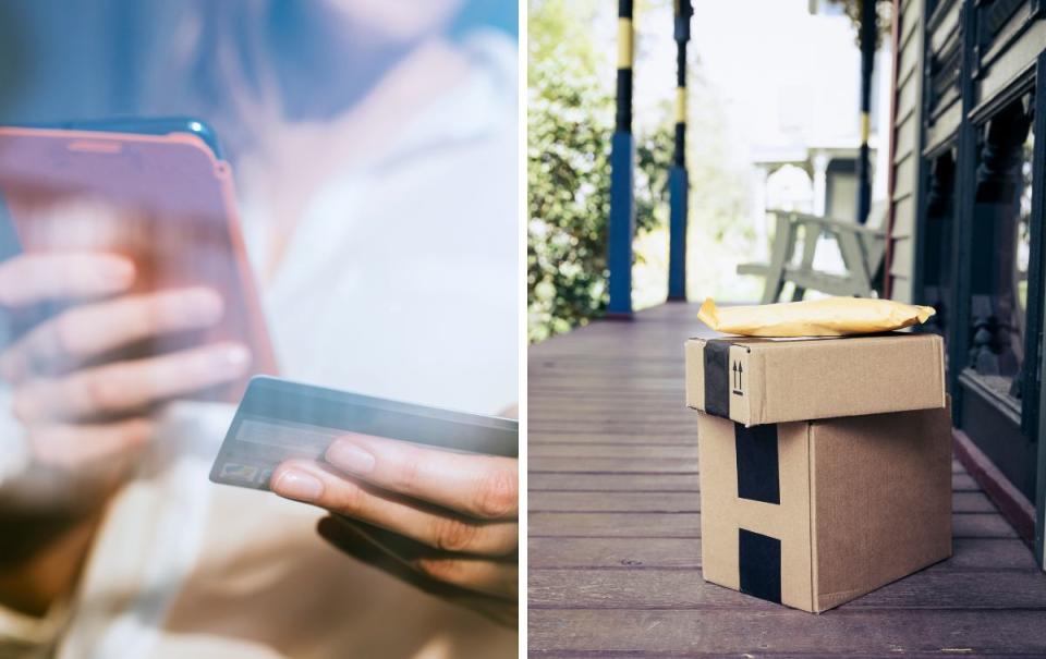 Composite image showing woman's hands holding credit card phone as she uses buy now, pay later service, and a stack of packages on a front porch.