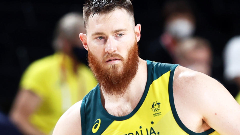 Aron Baynes, pictured here in action for the Boomers at the Tokyo Olympics.