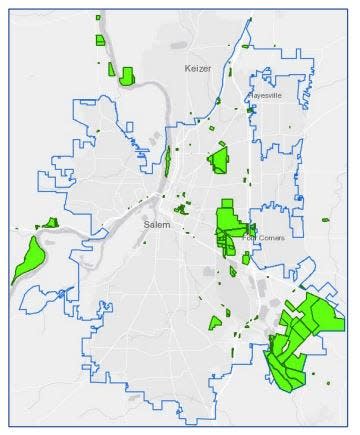 The maps displays state-owned properties in green and the Salem city limits in blue.