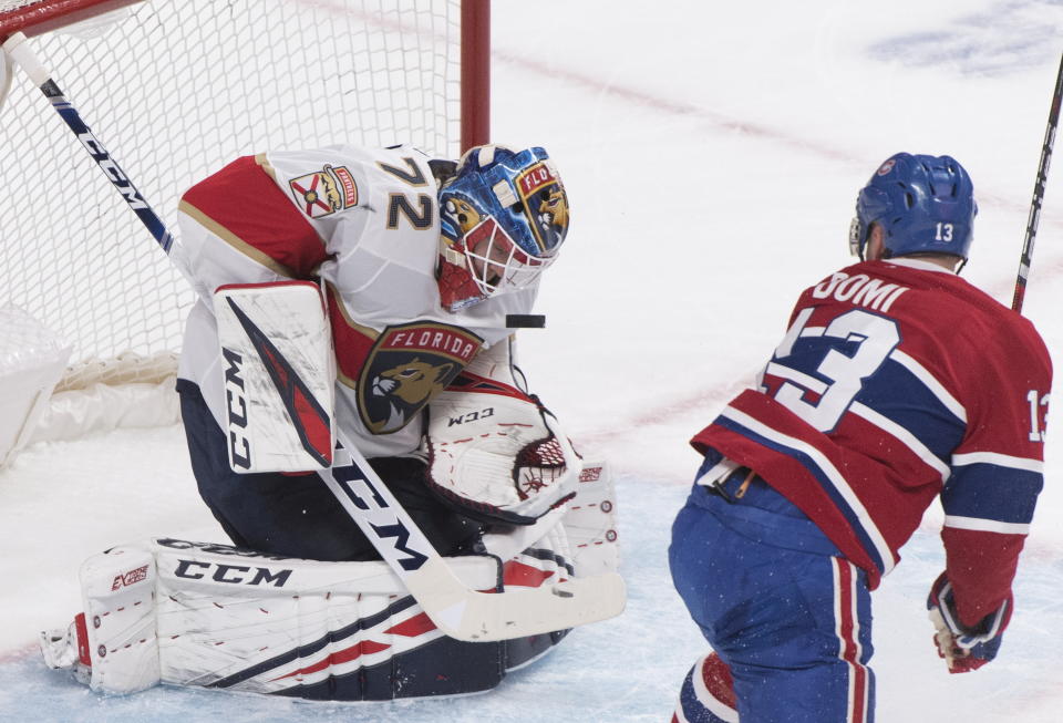 Florida Panthers goaltender Sergei Bobrovsky makes a save against Montreal Canadiens' Max Domi during the first period of an NHL hockey game, Saturday, Feb. 1, 2020 in Montreal. (Graham Hughes/The Canadian Press via AP)