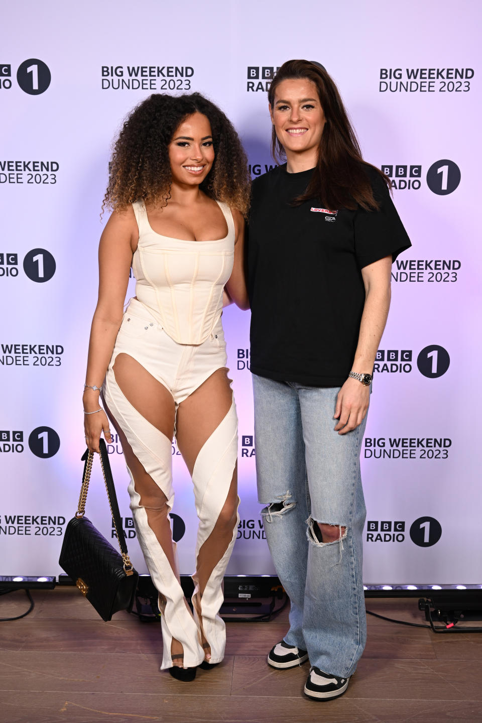 Amber Gill and Jen Beattie attend Radio 1's Big Weekend Launch Party at The Londoner Hotel on March 15, 2023 in London, England