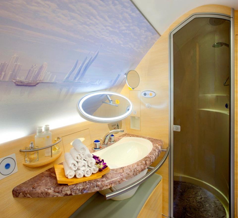 An in-flight shower on an Emirates Airbus A380.