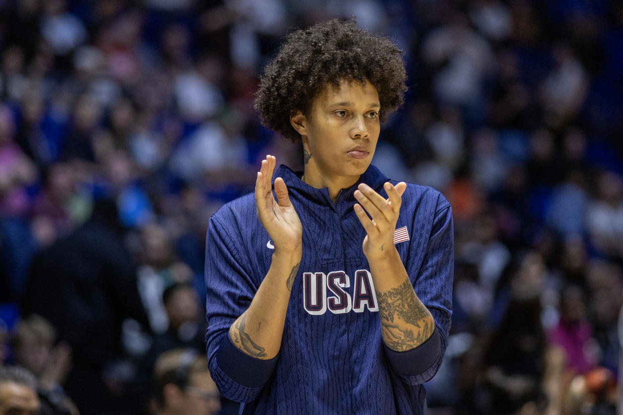 LONDON, ENGLAND: JULY 23:  Brittney Griner #15 of the United States on the sideline durning team warm up before  the USA V Germany, USA basketball showcase Women's basketball match in preparation for the Paris Olympic Games at The O2 Arena on July 23rd, 2024, in London, England. (Photo by Tim Clayton/Corbis via Getty Images)