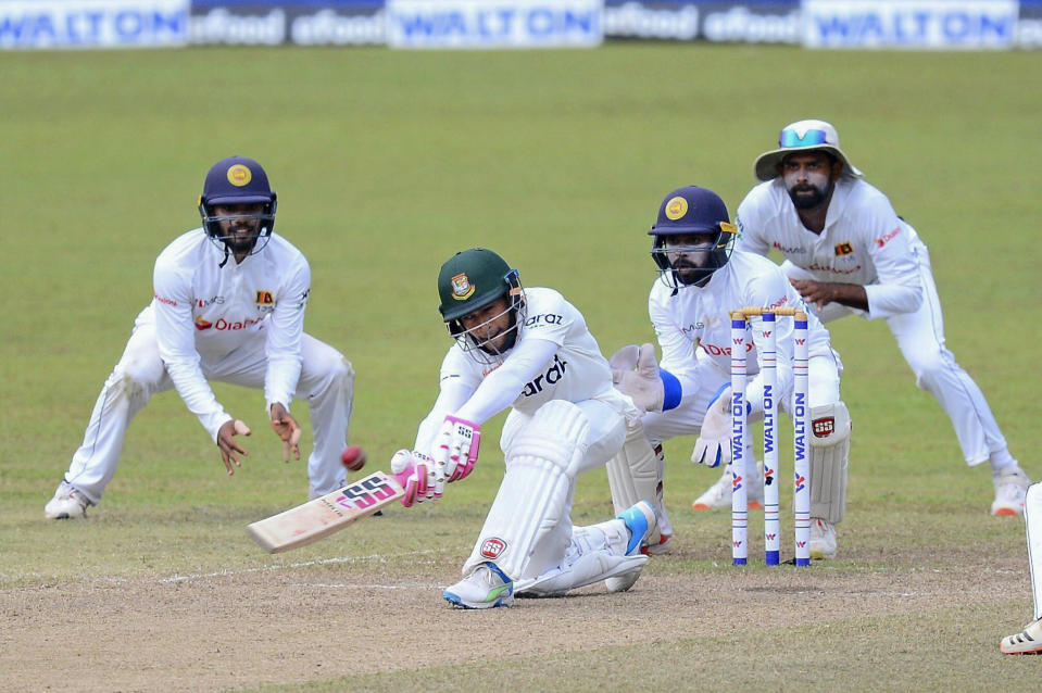 Bangladeshi batsman Mushfiqur Rahim plays a shot during the fourth day of the second test cricket match between Sri Lanka and Bangladesh in Pallekele, Sri Lanka, Sunday, May 2, 2021. ( AP Photo/Sameera Peiris)