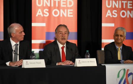 Dec 9, 2017; Toronto, Ontario, USA; Canadian Soccer Association president Steve Reed, Mexican Football Federation president Decio de Maria, U.S. Soccer Federation president Sunil Gulati during an information update on the united North American World Cup bid for 2026 at Westin Harbour Castle. Mandatory Credit: Dan Hamilton-USA TODAY Sports