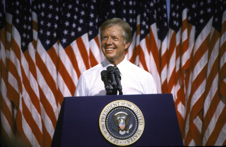 President Jimmy Carter speaking at Merced College in 1980