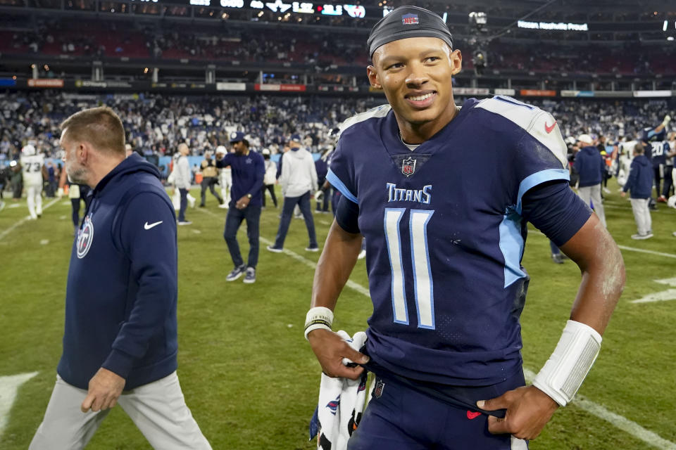Tennessee Titans quarterback Joshua Dobbs (11) leaves the field after an NFL football game between the Tennessee Titans and the Dallas Cowboys, Thursday, Dec. 29, 2022, in Nashville, Tenn. The Dallas Cowboys won 27-13. (AP Photo/Chris Carlson)