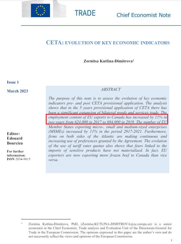 <span>Capture d'écran, réalisée le 28 mars 2024, de la première page d'une note sur le CETA et "l'évolution des indicateurs économiques clés" </span>