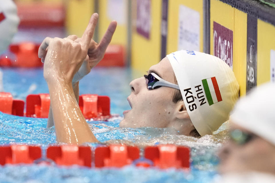 Hubert Kos of Hungary celebrates after winning the men's 200m backstroke final at the World Swimming Championships in Fukuoka, Japan, Friday, July 28, 2023. (AP Photo/Eugene Hoshiko)