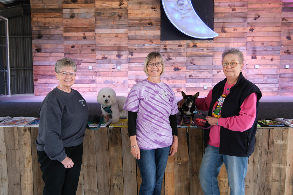 ASPCA committee members Patti Amador with her dog Kash (left), Nell Williams with her dog Woo and Mary Ramirez speak about the 30th annual Muttfest Thursday at the Starlight Ranch Events Center in east Amarillo.