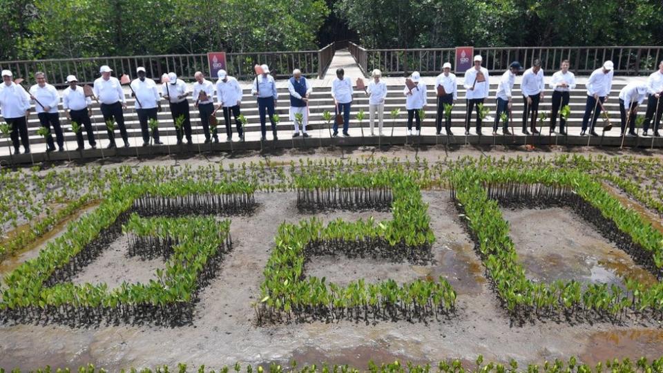 President Joko Widodo with leaders of the G20 and international organisation leaders lift their hoes after planting mangroves at the G20 Indonesia Summit events at the Ngurah Rai Forest Park, Denpasar, Bali, Indonesia, November 16, 2022