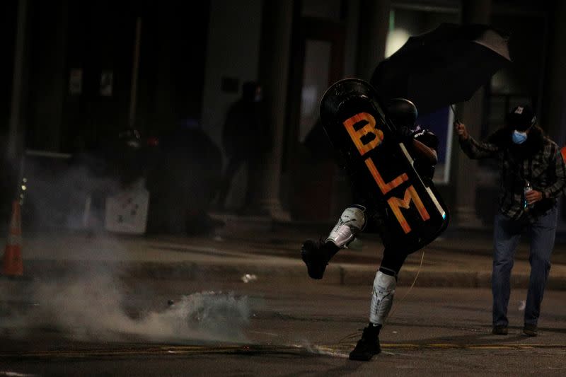 Demonstrators take part in a protest in Rochester, New York