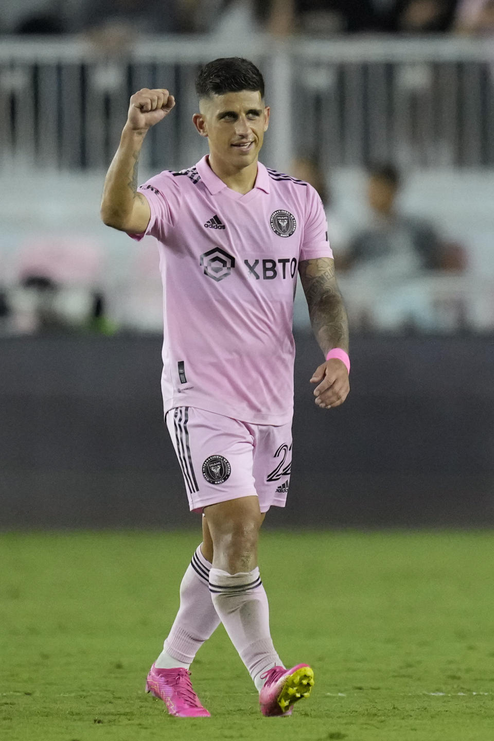 Inter Miami forward Nicolas Stefanelli (22) celebrates scoring his side's first goal against Charlotte FC during the first half of an MLS soccer match, Wednesday, Oct. 18, 2023, in Fort Lauderdale, Fla. (AP Photo/Rebecca Blackwell)