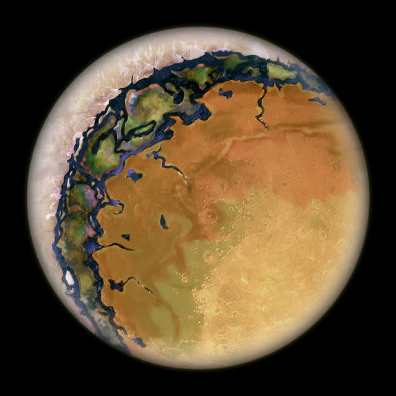 Artist’s concept of a planet where one side always faces its star, with the dark side covered in ice.