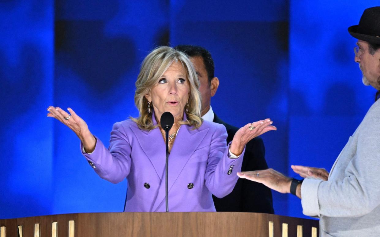 US First Lady Jill Biden does a stage check before the start of the first day of the Democratic National Convention