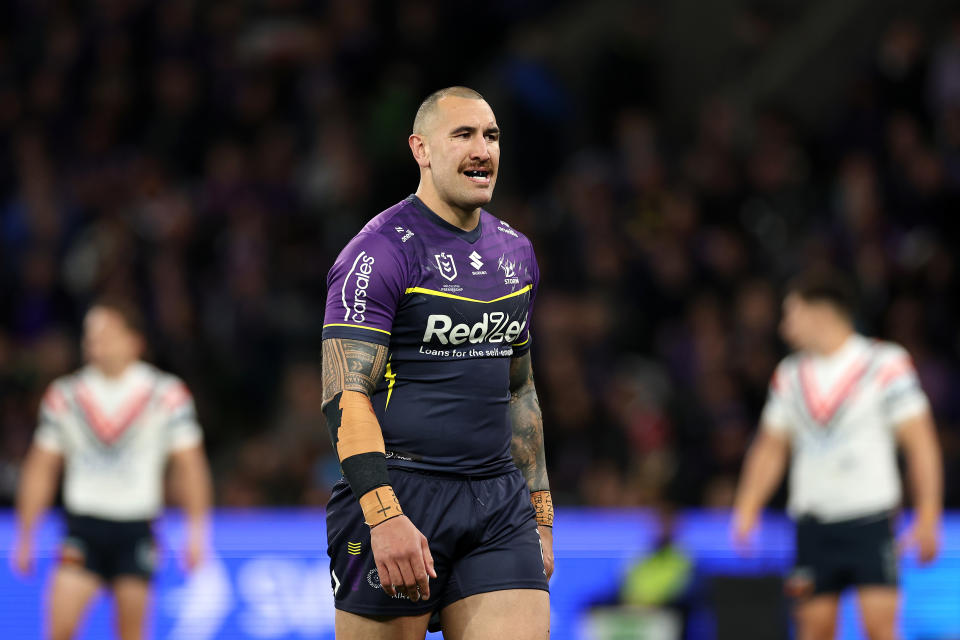 MELBOURNE, AUSTRALIA - SEPTEMBER 27:  Nelson Asofa-Solomona of the Storm is sent to the sin-bin for a high tackle on Lindsay Collins of the Roosters during the NRL Preliminary Final match between the Melbourne Storm and Sydney Roosters at AAMI Park on September 27, 2024 in Melbourne, Australia. (Photo by Cameron Spencer/Getty Images)