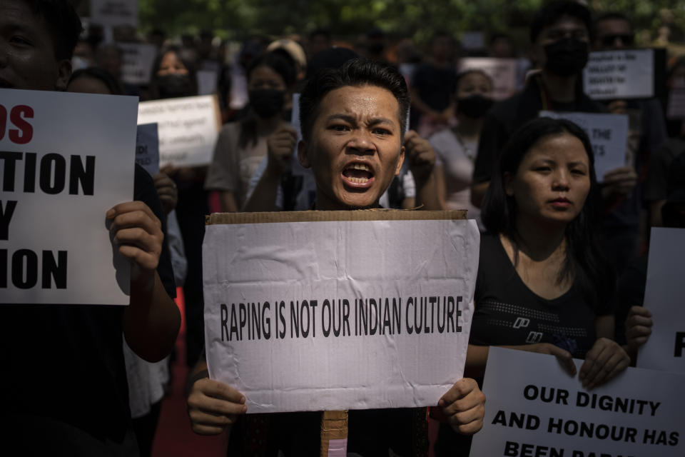 Kuki tribal protestors shout slogans during a demonstration against deadly ethnic clashes in the country's northeastern state of Manipur, in New Delhi, India, Saturday, July, 22, 2023. Protests are being held across the country after a video showed a mob assaulting two women who were paraded naked. Thousands of people, mostly women, held a massive sit-in protest in India's violence-wracked northeastern state of Manipur state demanding immediate arrest of those involved in the harrowing assault. (AP Photo/Altaf Qadri)