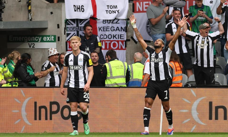 <span>Joelinton shares his joy after scoring for Newcastle against Southampton.</span><span>Photograph: Ian MacNicol/Getty Images</span>