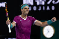 Rafael Nadal of Spain reacts during his men's singles final match against Daniil Medvedev of Russia at the Australian Open tennis championships in Melbourne, Australia, Sunday, Jan. 30, 2022. (AP Photo/Hamish Blair)