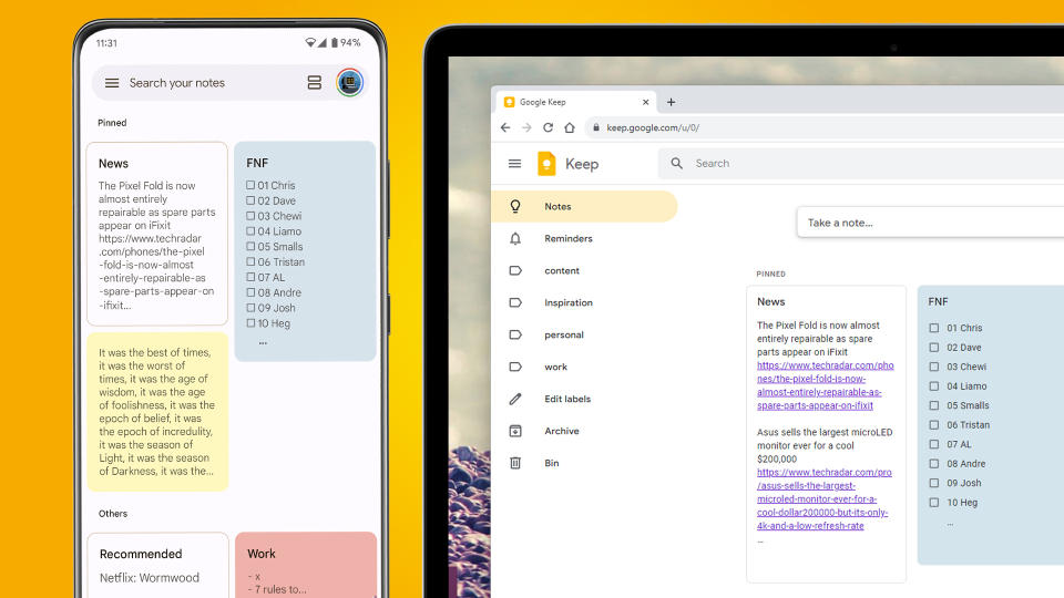 A phone and laptop on an orange background showing the Google Keep app