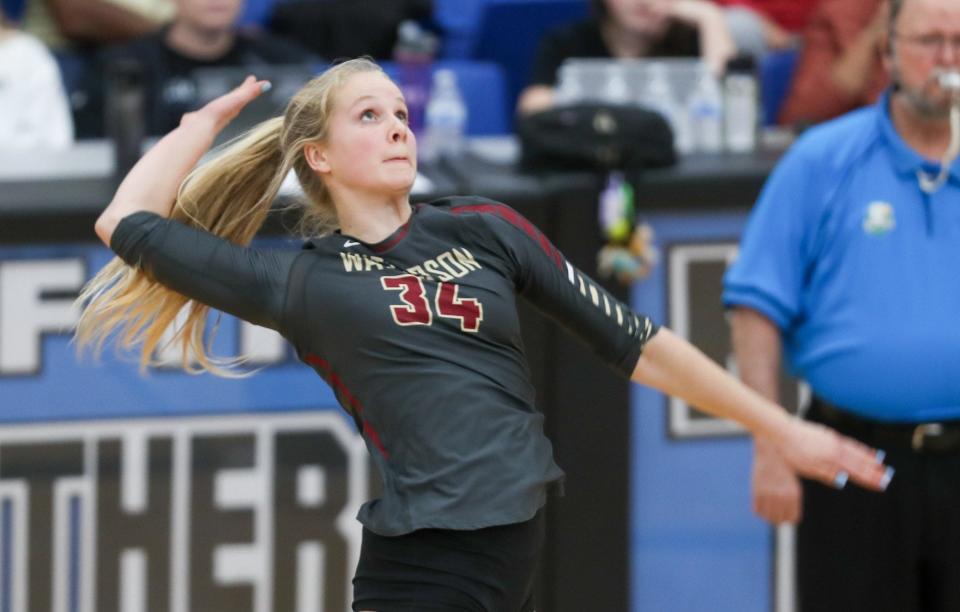 Watterson's Layla Hoying readies to spike the ball against Dublin Jerome. Hoying is the daughter of former Ohio State quarterback Bobby Hoying.