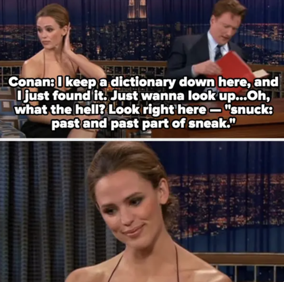 Conan points on "snuck" in the dictionary, and Jennifer looks away