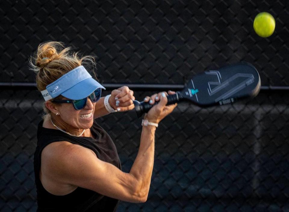 Natalia Liss-Schull in action during a pickleball match at the pickleball courts in Tropical Park on March 23, 2023.