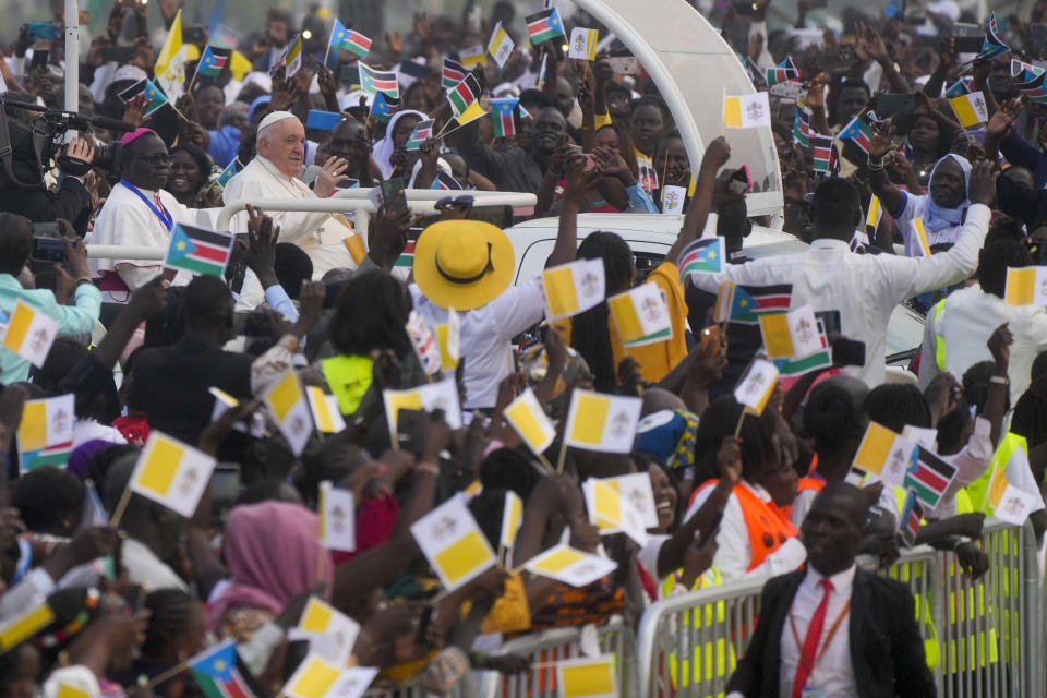 FILE - Pope Francis arrives to celebrate mass at the John Garang Mausoleum in Juba, South Sudan, Sunday, Feb. 5, 2023. In an extraordinary pushback against Pope Francis, Catholic bishops from Africa to Poland say they will not implement a new Vatican policy allowing blessings for same-sex couples. (AP Photo/Gregorio Borgia, File)