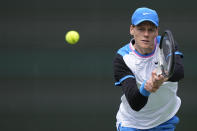 Jannik Sinner, of Italy, returns to Jiri Lehecka, of the Czech Republic, during a quarterfinal match at the BNP Paribas Open tennis tournament, Thursday, March 14, 2024, in Indian Wells, Calif. (AP Photo/Mark J. Terrill)