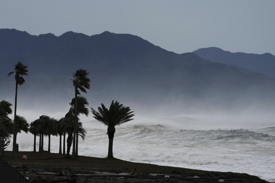 Palm trees are seen in front of surging waves as Typhoon Hagibis approaches at a beach in Kumano, Mie prefecture, central Japan Saturday, Oct. 12, 2019. (AP Photo/Toru Hanai)