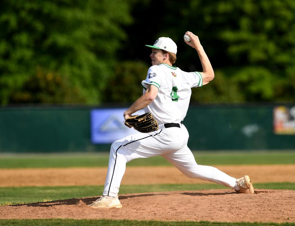 Parkside's Aidan Brinsfield (4) pitches against Decatur Wednesday, April 26, 2023, in Salisbury, Maryland. The Rams defeated the Seahawks 4-3.