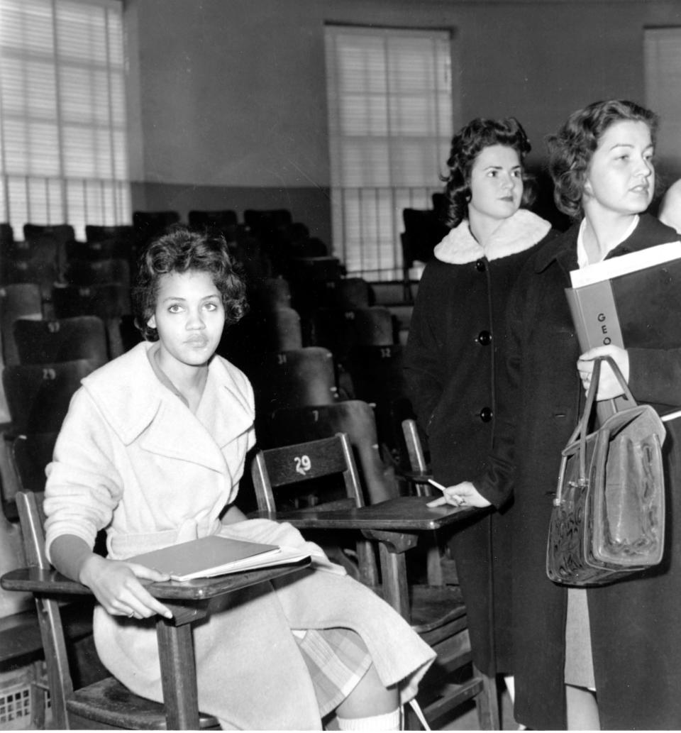 Charlayne Hunter, 18, the first Black woman to attend the University of Georgia, sits in one of her classes in Athens, Ga., on Jan. 11, 1961.