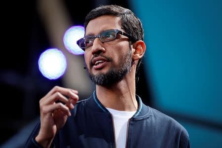 Google CEO Sundar Pichai delivers his keynote address during the Google I/O 2016 developers conference in Mountain View, California, U.S. May 18, 2016.  REUTERS/Stephen Lam