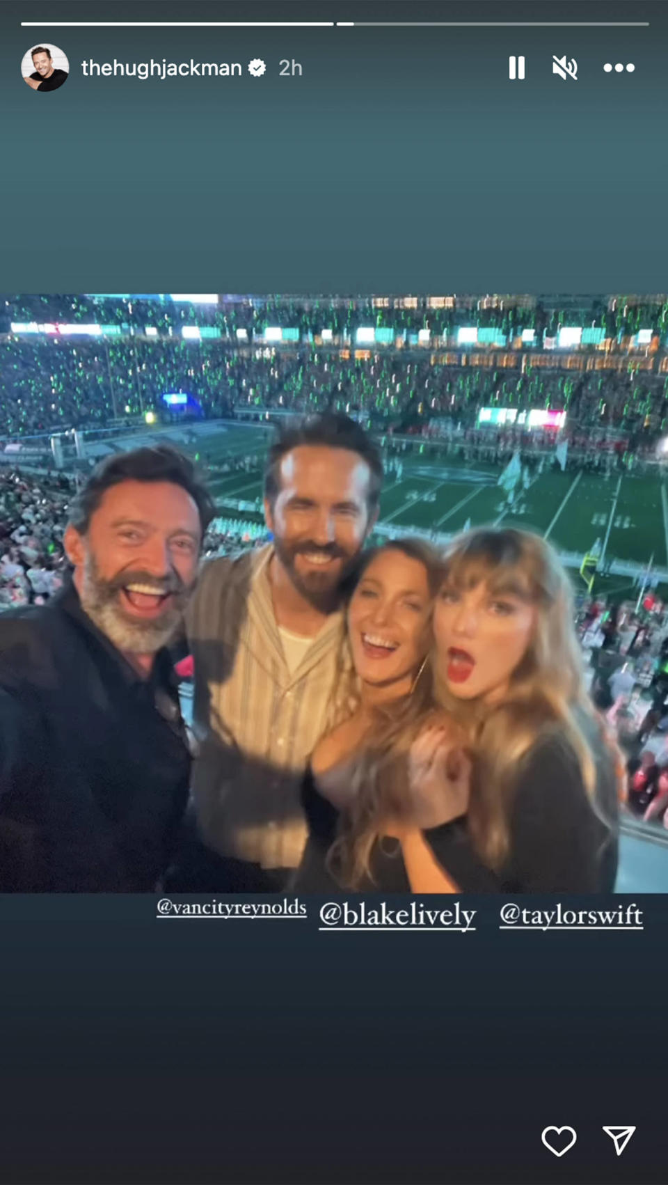 Hugh Jackman, Ryan Reynolds, Blake Lively and Taylor Swift take a selfie at the Chiefs-Jets game on Oct. 1.  (@thehughjackman via Instagram)