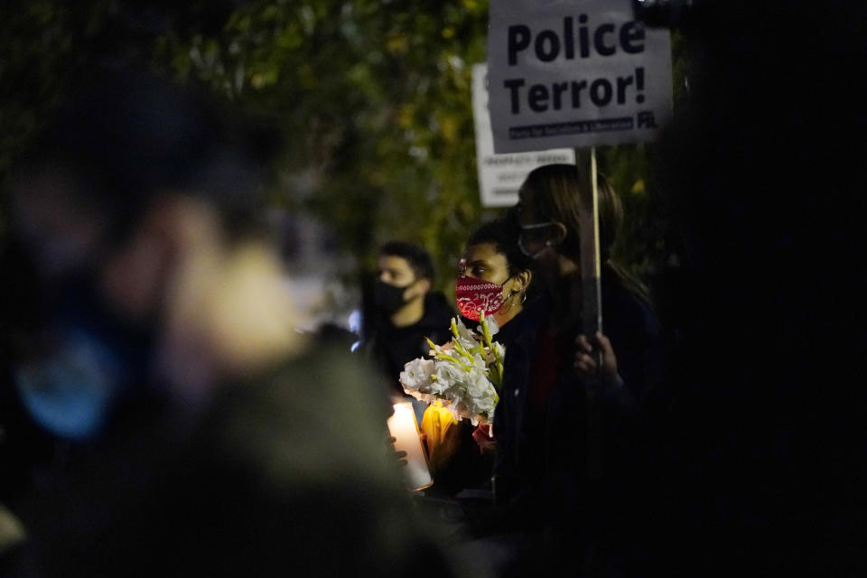 Protesters gather for a march Tuesday, Oct. 27, 2020, in Philadelphia. Hundreds of demonstrators marched in West Philadelphia over the death of Walter Wallace, a Black man who was killed by police in Philadelphia on Monday. Police shot and killed the 27-year-old on a Philadelphia street after yelling at him to drop his knife. (AP Photo/Matt Slocum)