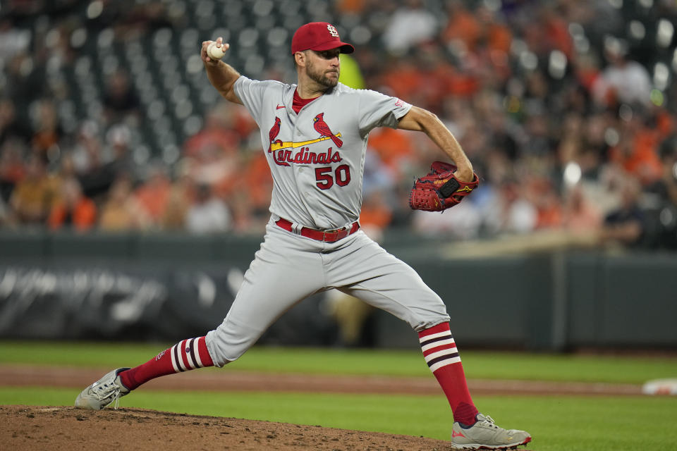 St. Louis Cardinals starting pitcher Adam Wainwright throws to the Baltimore Orioles in the third inning of a baseball game, Tuesday, Sept. 12, 2023 in Baltimore. (AP Photo/Julio Cortez)