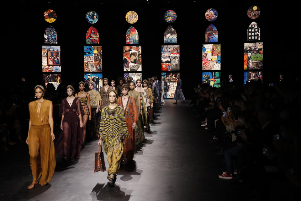 Models wear creations during Dior's Spring-Summer 2021 fashion collection presented Tuesday, Sept. 29, 2020 during the Paris fashion week. (AP Photo/Francois Mori)