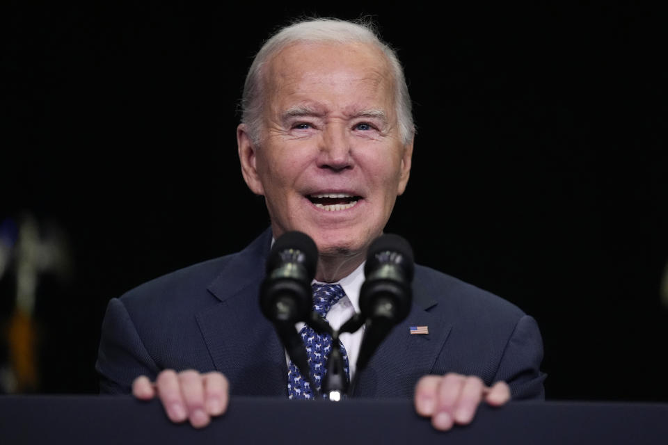 President Joe Biden speaks to the House Democratic Caucus Issues Conference at Lansdowne Resort, Thursday, Feb. 8, 2024 In Leesburg, Va. (AP Photo/Andrew Harnik)