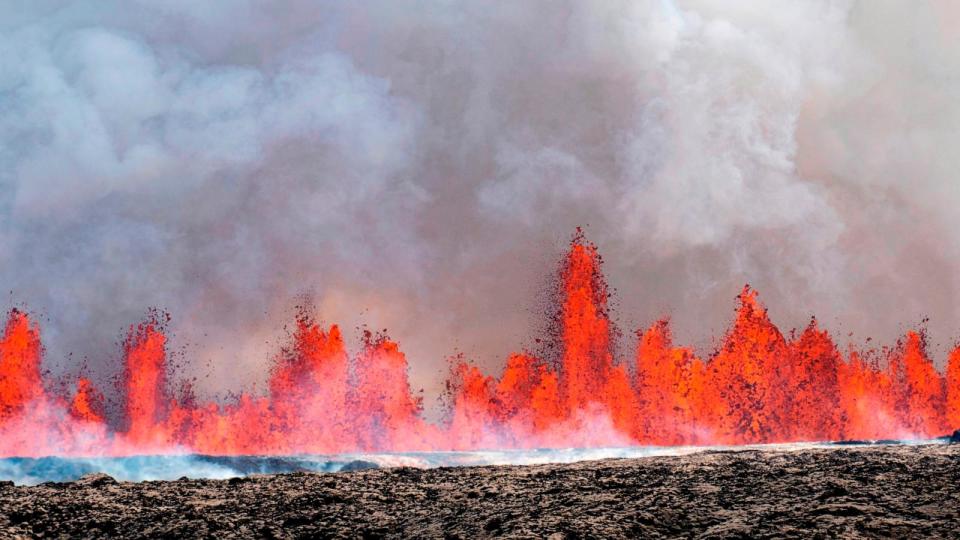 PHOTO: A volcano spews lava in Grindavik, Iceland, May 29, 2024.  (Marco Di Marco/AP)